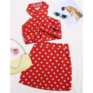 Wrap Cross Polka Dot Top & Skirt Set